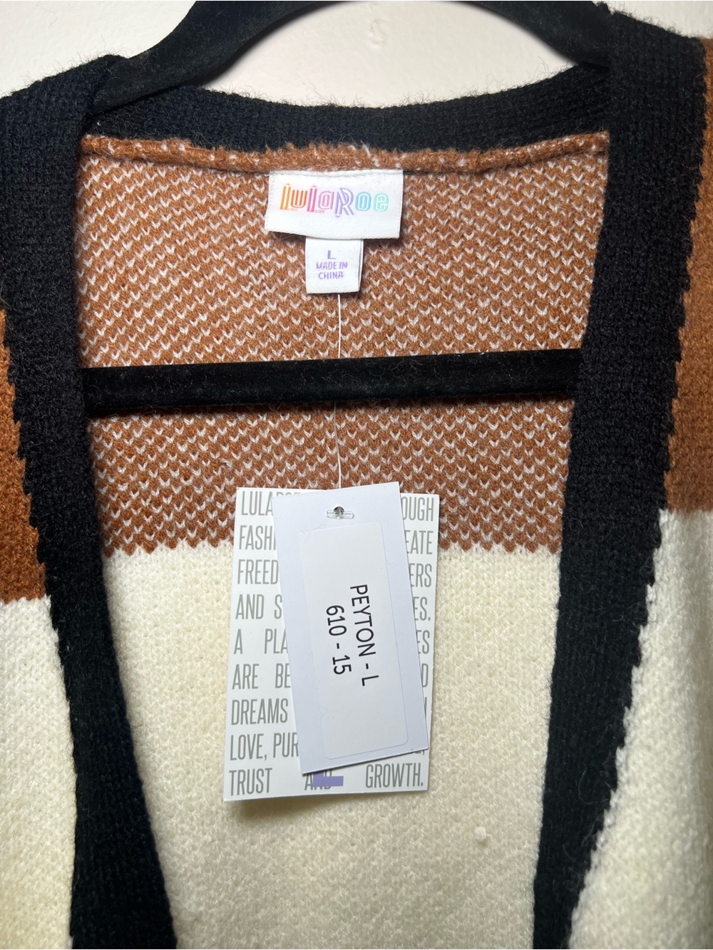 LuLaRoe Peyton Open-Front Striped Cardigan in Black, White & Brown - Picture 2 of 4